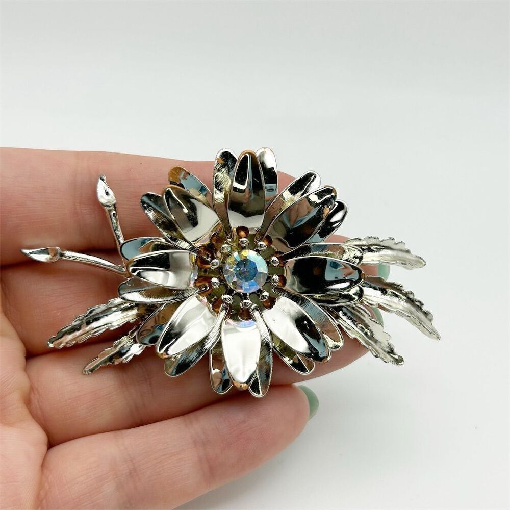 Vintage Silver Tone Textured Floral Brooch Pin Aurora Borealis Rhinestones